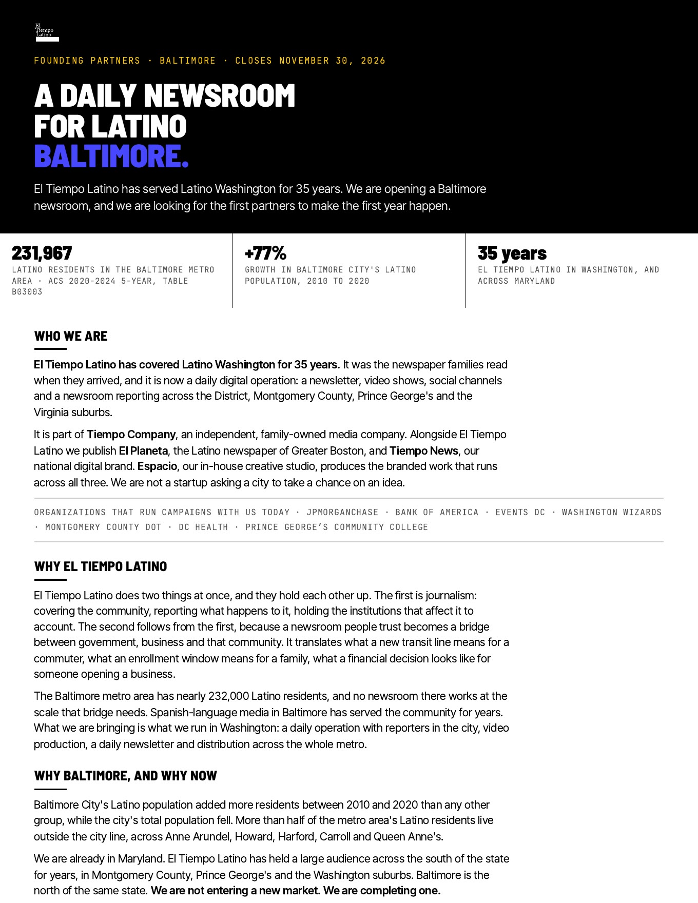 Tiempo Company · Baltimore launch · founding-partner one-pager