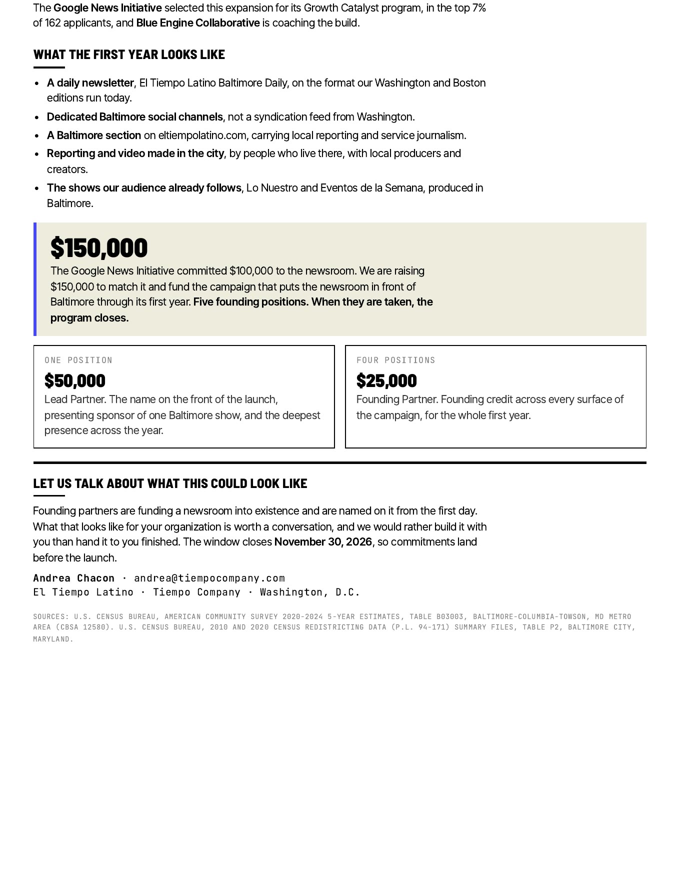 Tiempo Company · Baltimore launch · founding-partner one-pager