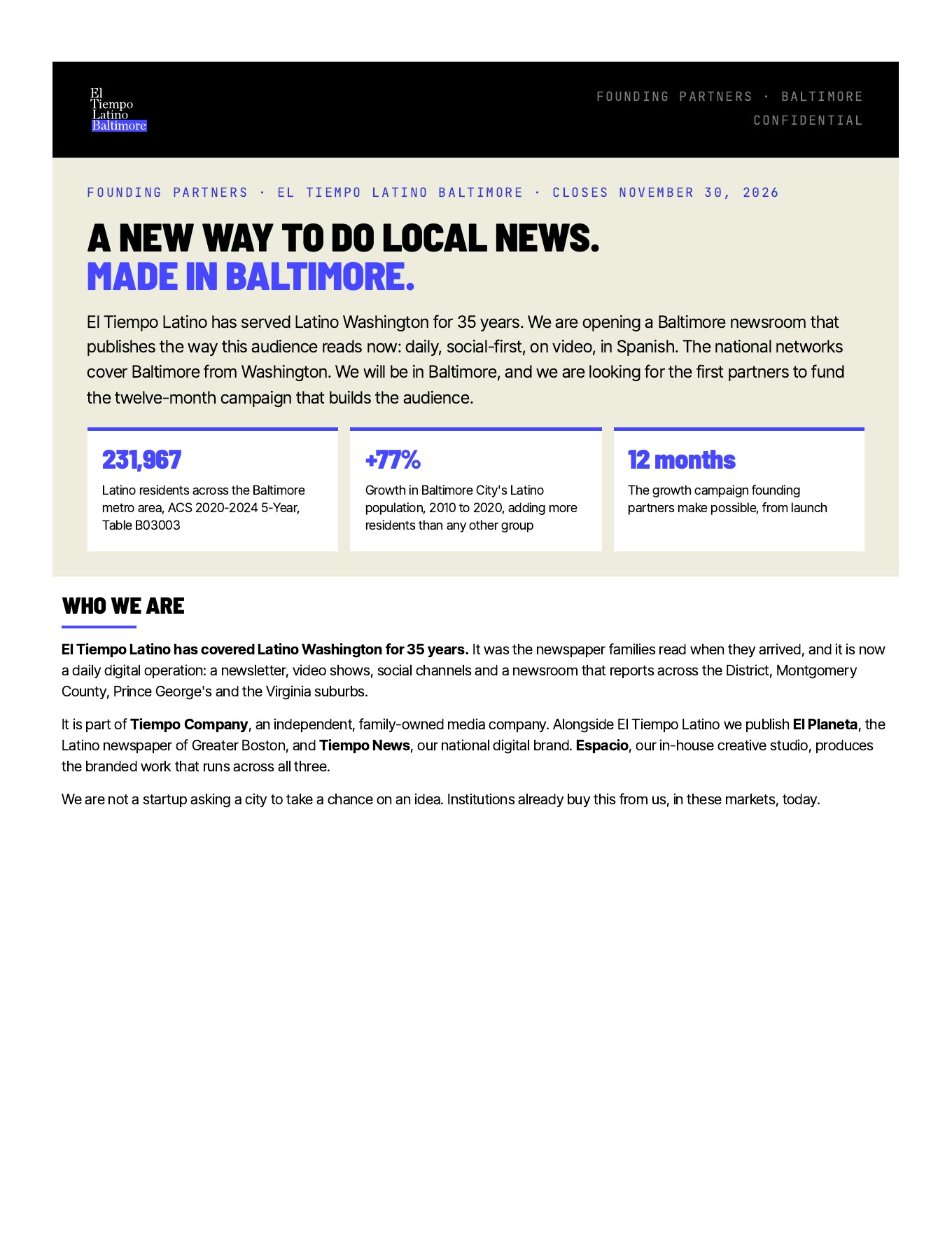 Tiempo Company · Baltimore launch · the full proposal