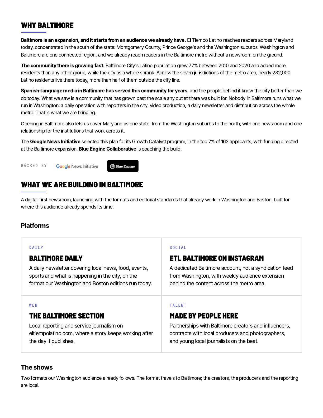 Tiempo Company · Baltimore launch · the full proposal