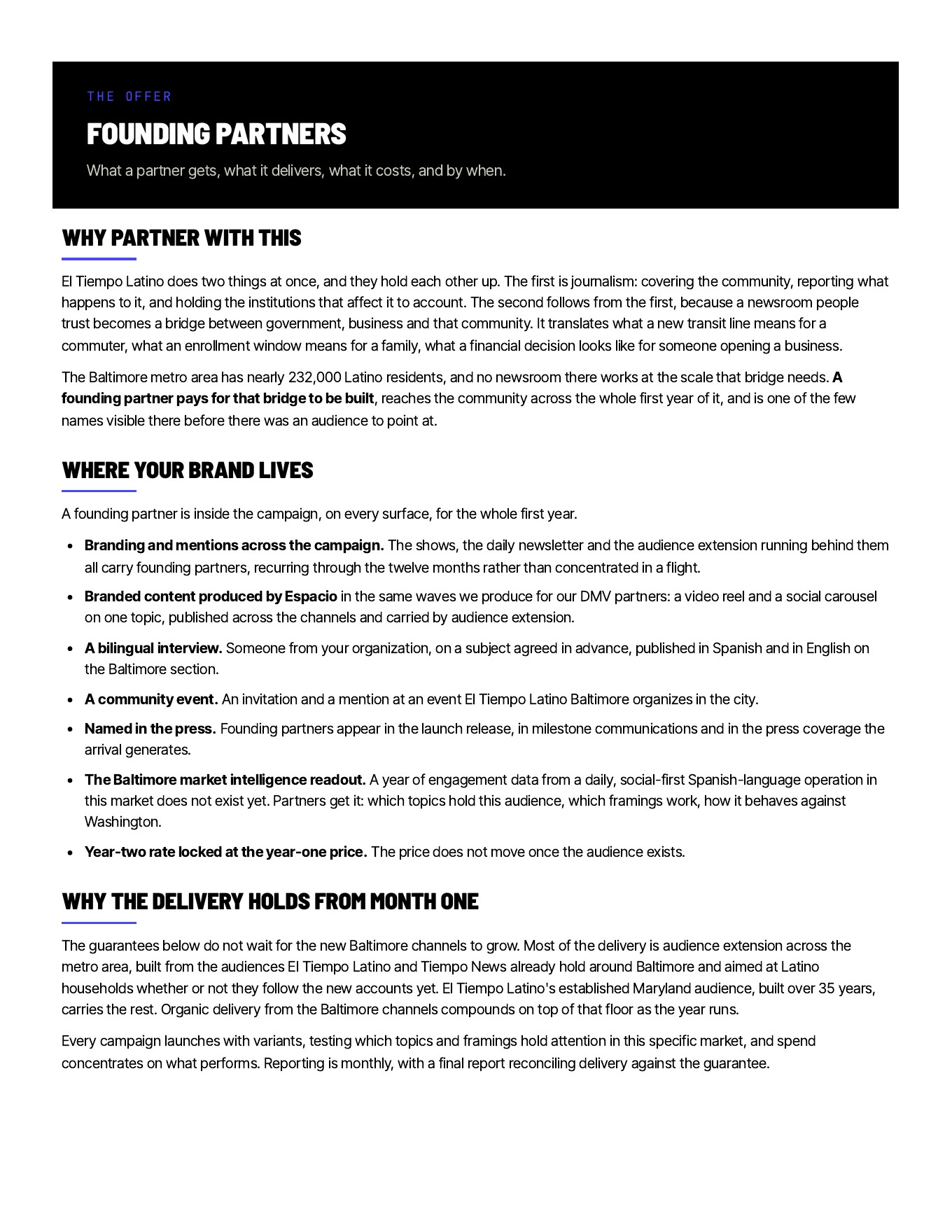 Tiempo Company · Baltimore launch · the full proposal