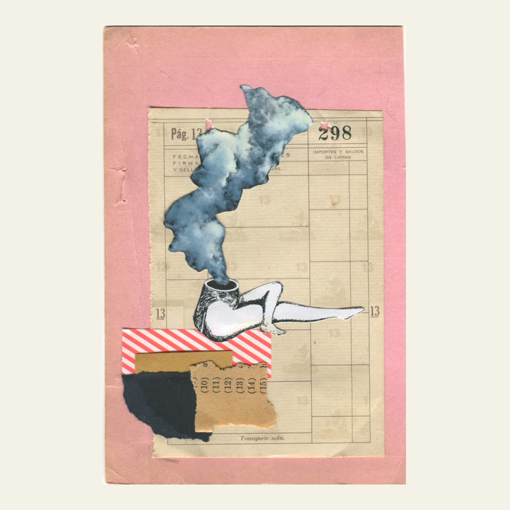 A paper collage: a seated figure with blue smoke rising from her head, on an old ledger page
