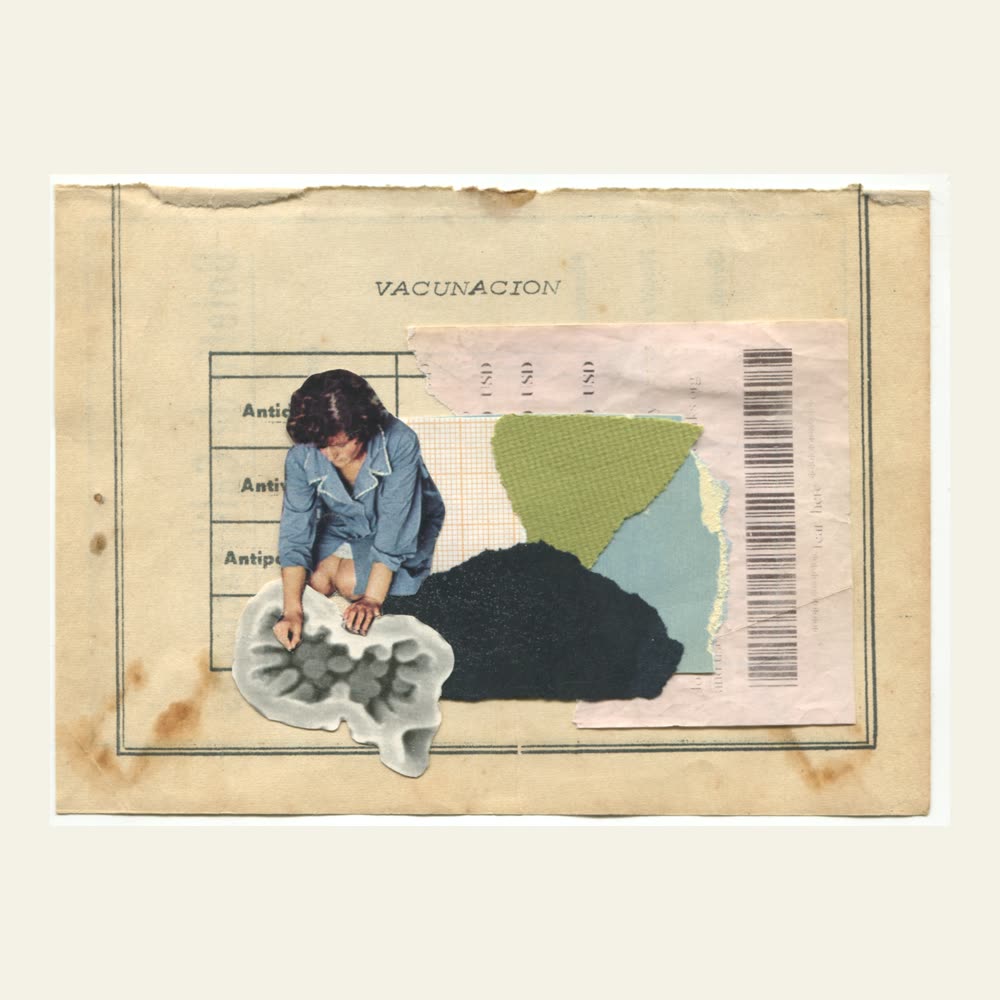 A paper collage on an old vaccination card