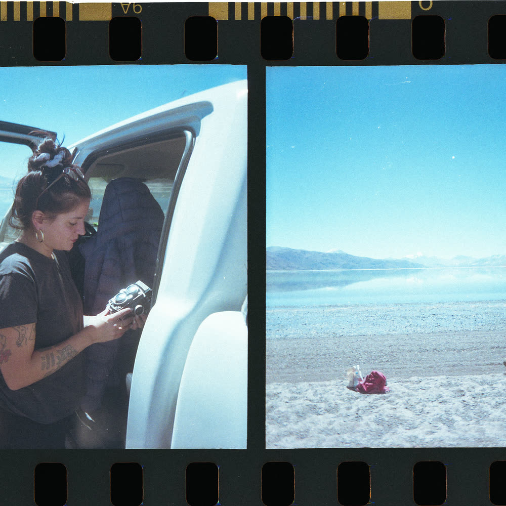 A strip of half-frame film: Glen with a camera by a truck, and a salt flat